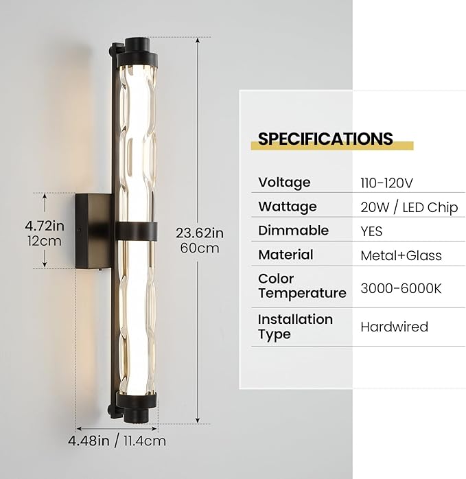 23.6" Black Wall Sconce, Modern Bathroom Vanity Light with Ripple Glass Shade, 5CCT Dimmable LED Wall Lighting 20W for Bedroom, Living Room, Hallway