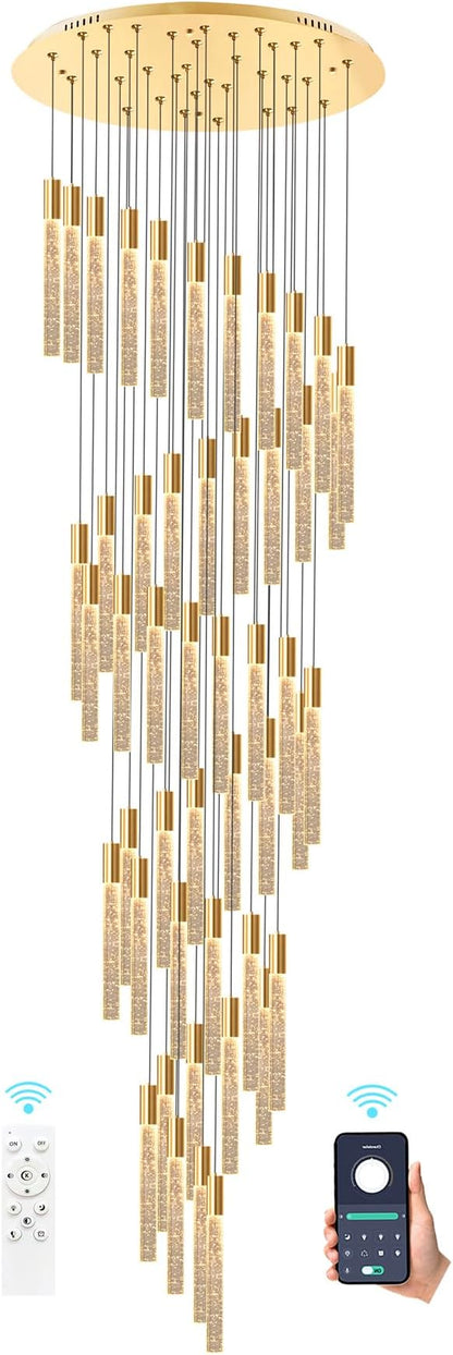 HAIXIANG 20 Foot 48-Light Gold High LED Dimmable Chandeliers Ceiling Pendant Light Fixtures Remote Control Light Fixtures Crystal Raindrop Fixtures Living Room Staircase Entrances