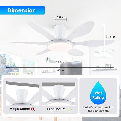 Ceiling Fans with Lights, 51 inch Modern White Low Profile Ceiling Fan with Light and Remote App Control, Flush Mount, Quiet DC Reversible, RGB Led Ceiling Fan 6 Blade Softer Wind Indoor/Outdoor Patio