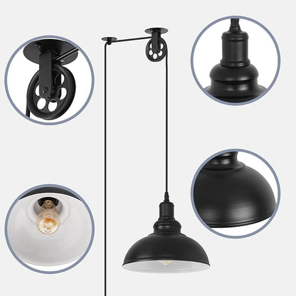 Industrial Black Plug in Pulley Pendant Light with 19.5ft Cord On/Off Switch, Modern Barn Domed Hanging Lamp Ceiling Light for Kitchen Island Dinning Living Room Bedroom Foyer (2 Pack)