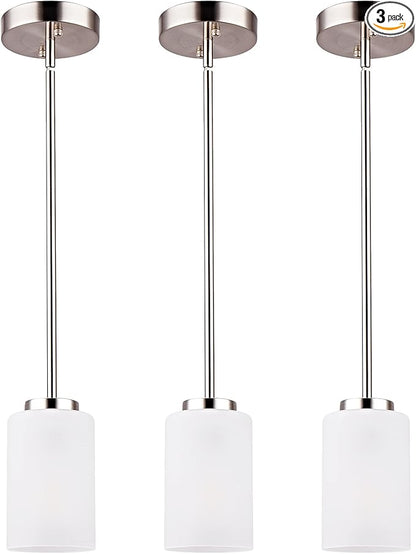 1-Light Mini Pendant Light Fixtures, Industrial Chandelier Hanging Ceiling Light with Opal White Shades, Adjustable Height, Brushed Nickel Pendant Lighting for Kitchen Bedroom Hallway, 3 Pack