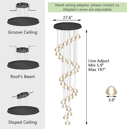 197'' Long Large Crystal Chandeliers 30-Lights LED Chandeliers for High Ceiling Handing Light Fixture for Entrance Hallway Foyer Staircase