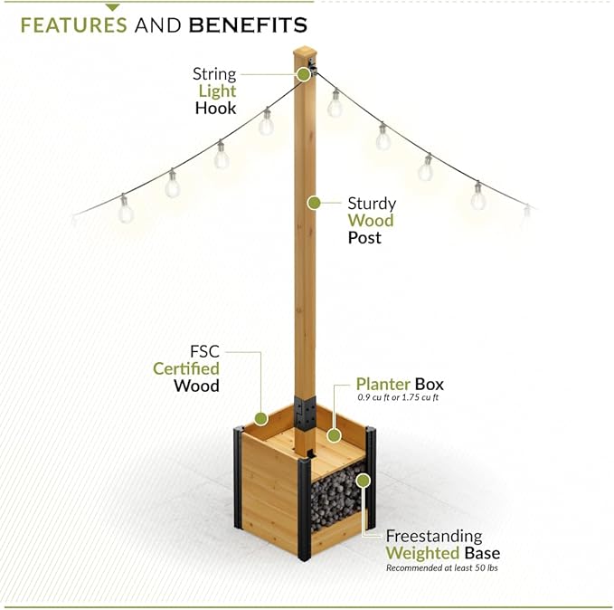 8.5ft H (1 Post w/Planter Box) Freestanding Zippity Concord String Light Post for Outdoor Hanging Lights, Light Poles for Outside Balcony Lights, Patio Decor for String Lights, ZP19081