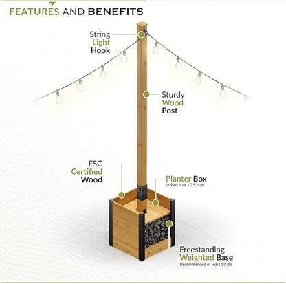 8.5ft H (1 Post w/Planter Box) Freestanding Zippity Concord String Light Post for Outdoor Hanging Lights, Light Poles for Outside Balcony Lights, Patio Decor for String Lights, ZP19081