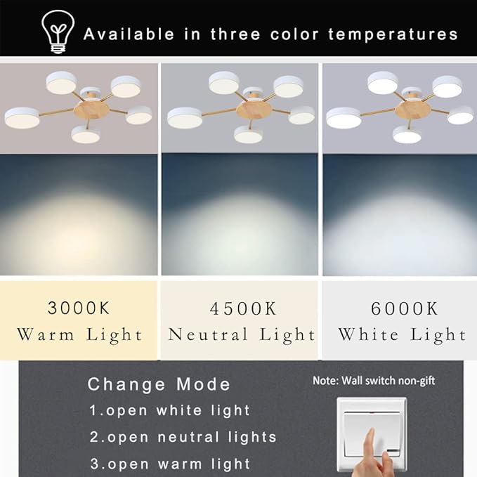 5-Lights LED Ceiling Light Fixture,32 Inch Modern Ceiling Lights Flush Mount Wooden 40W Dimmable Chandelier for Living Room Bedroom Kitchen,3000K/4000K/6000K Temperatures Selectable White