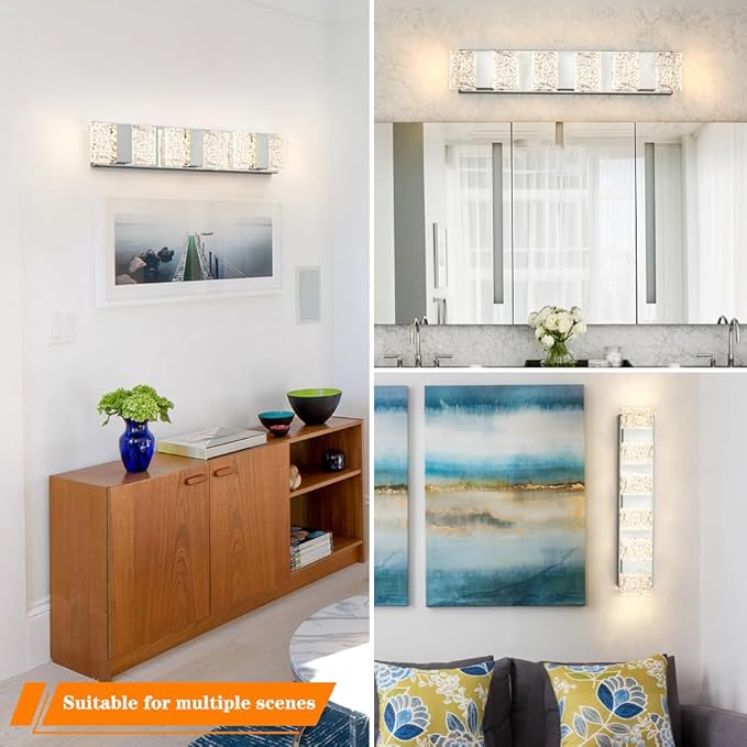 Modern 6-Lights Bathroom Vanity Lighting, Chrome Crystal LED Bathroom Light Fuxtures over Mirror, Art Deco Dimmable Wall Sconce, Crystal Bathroom Light, Acrylic Hardwired Wall Lamp(H4.33in, L22.64in)