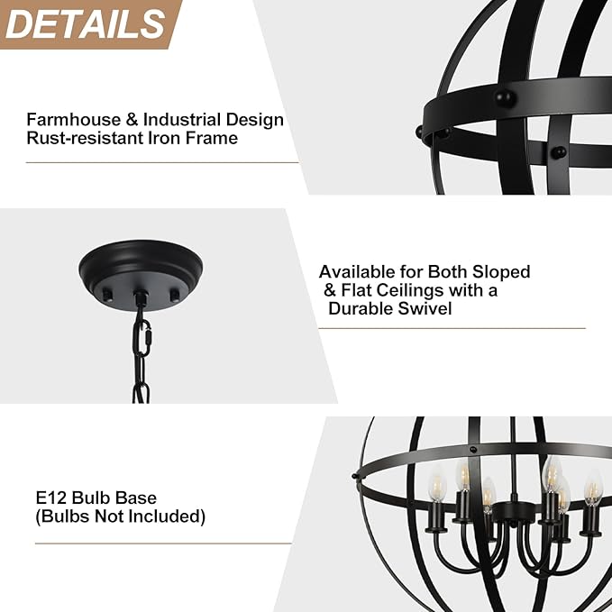 DLLT 6-Light Orb Chandelier, Black Globe Pendant Light Fixtures, Industrial Sphere Pendant Lighting Over Island, Adjustable Hanging Light with Metal Cage for Dining Room, Foyer, E12 Bulbs Not Included