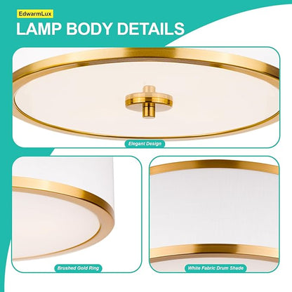 Edwarmlux 3-Light Flush Mount Ceiling Light Fixture, 12.6" Drum Light with White Fabric Shade, Modern Close to Ceiling Light for Living Room Bedroom Dining Room Kitchen Hallway Entry (Brushed Gold)