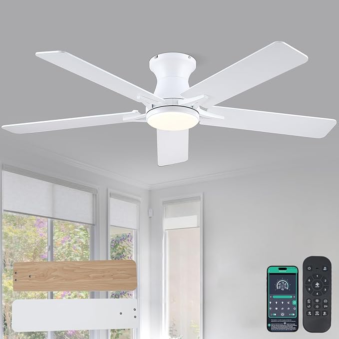 52" White Low Profile Ceiling Fans with Lights,Modern Flush Mount Ceiling Fans with Reversible DC Motor,Dimmable 3 Colors 6 Speeds