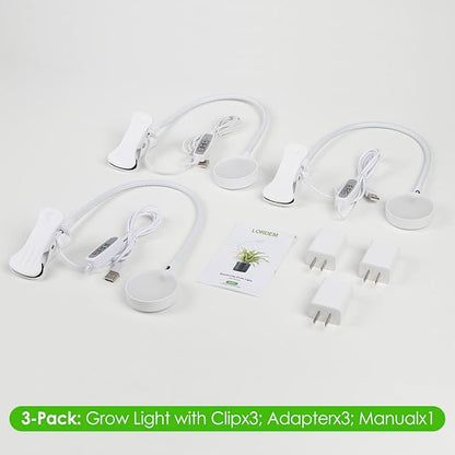 LORDEM Small Pot Clip Grow Light, Full Spectrum LED Plant Grow Lamp for Indoor Growing, Auto On/Off Timer 4/8/12H, Plant Light with 4 Dimmable Brightness Levels, Ideal for Small Indoor Plants, 3 Pack