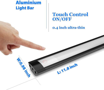 MYPLUS Under Cabinet Lights, 12" Touch Activated and Dimmable Aluminum LED Bar for Kitchen, Workbench and Desk, 3.5W,213 Lumens,Cold White 6000K, Plug-in, Black.