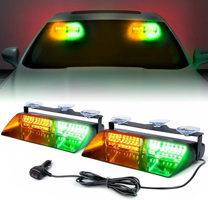 Xprite 2×11 inch High Intensity Amber Green 32 LED Emergency Strobe Dash Lights, Interior Windshield Flashing Light w/Suction Cups for Postal Law Enforcement Volunteer POV Vehicles Trucks