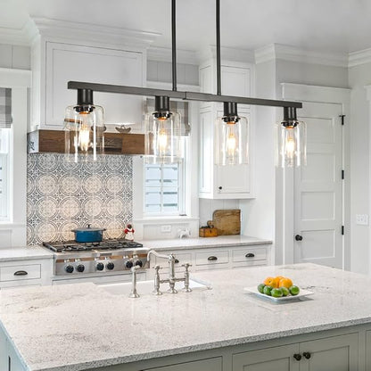4-Light Kitchen Island Lighting, Black Simplicity Bar Island Lights for Kitchen, Farmhouse Chandelier with Adjustable Height & Clear Glass Shades, Linear Hanging Dining Room Light Fixture Over Table