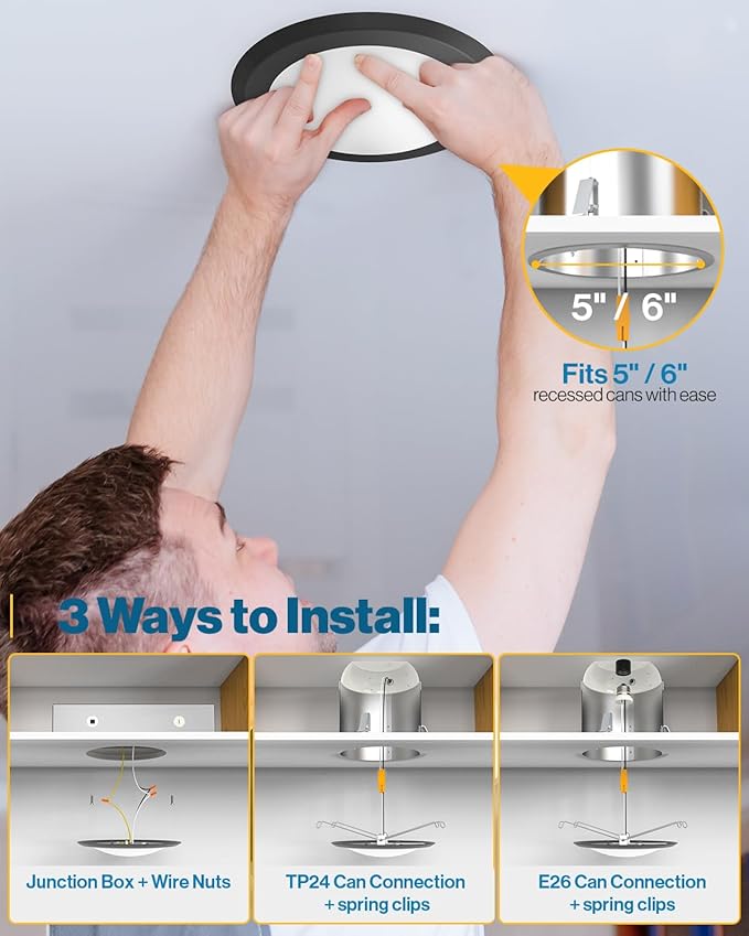 Sunco 6 Pack 6 Inch LED Disk Lights, Flush Mount Black Disc Recessed Ceiling Can Lighting, 1050 LM, Selectable CCT 2700K/3000K/4000K/5000K/6000K, Dimmable, 15W=100W, Wet Rated ETL.
