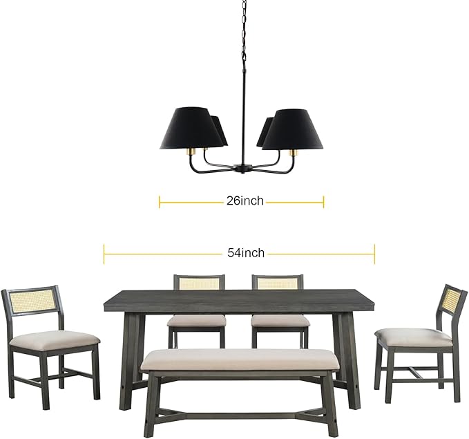 Kalium 4-Light Mid-Century Modern Chandelier, Black and Gold Farmhouse Chandeliers Hanging Dining Room Light Fixture with Fabric Shades for Kitchen Island, Living Room, Bedroom, Foyer