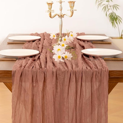 Socomi 3pcs Dusty Rose Summer Cheesecloth Table Runner Boho Rustic Gauze 120 inch 10FT Cheese Cloth Sheer Runner for Wedding Party Baby Shower Birthday Home Decor Holiday Decorations