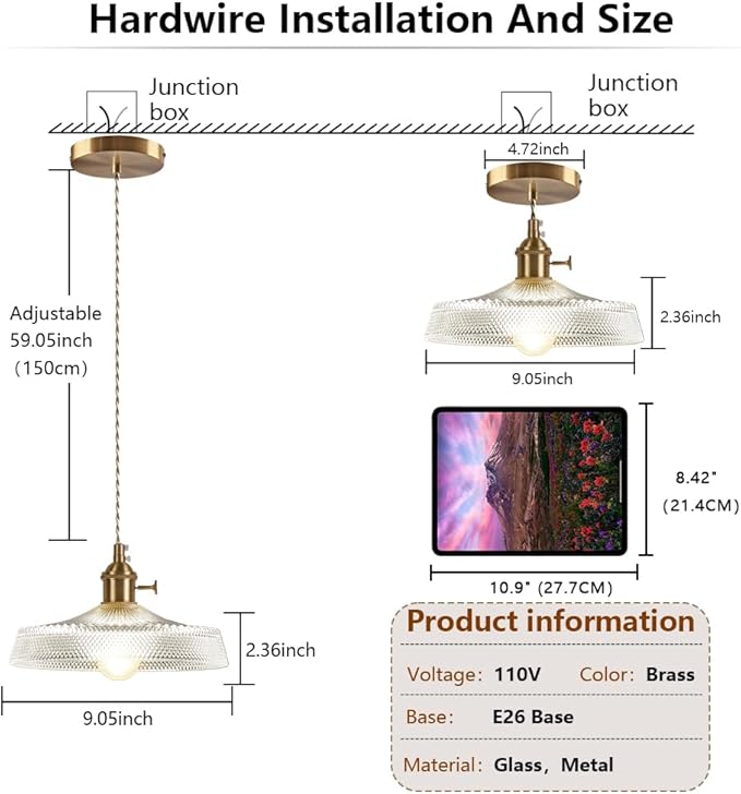 Vintage Mini Pendant Light Fixtures, 9 Inch Glass Kitchen Island Light Fixtures Brass Light Cord Pendant Lights Hanging Light for Living Room Bedroom Hallway Dining Room E26