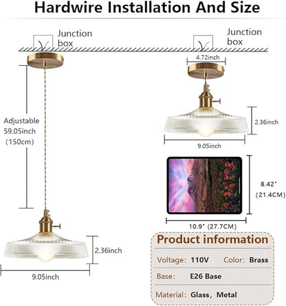 Vintage Mini Pendant Light Fixtures, 9 Inch Glass Kitchen Island Light Fixtures Brass Light Cord Pendant Lights Hanging Light for Living Room Bedroom Hallway Dining Room E26