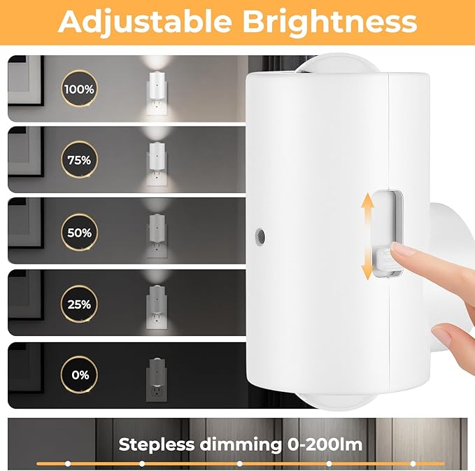 4-Pack Plug-in Dimmable Night Lights with Light Sensor, 4000K Cool White, Adjustable Brightness 0-200 LM, Auto On/Off at Dusk & Dawn for Bathroom Hallway Staircase