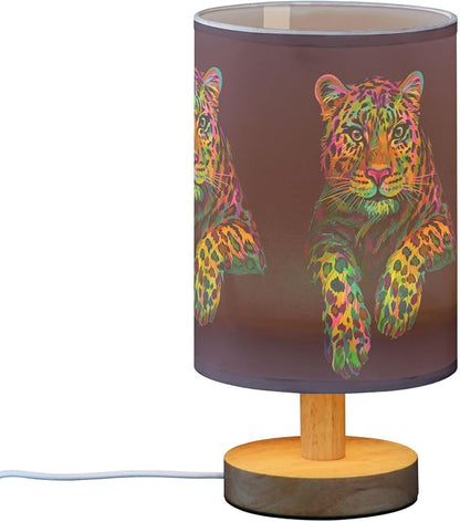 Table Lamp Multicolor Leopard Jaguar Neon Colorful Animal Nightstand Lamp with Wood Base Fabric Lamp Shade Bedside Desk Lamp for Living Room Bedroom Kids Room Office