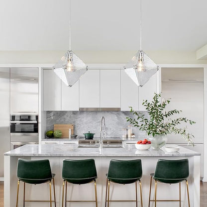 Modern Geometric Pendant Light Water Ripple Textured Glass Chrome Finish Square Diamond Shape, Adjustable Height Hanging Pendant Lighting for Kitchen Island, Dining Room, Entryway