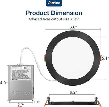 Amico 6 Pack 6 Inch 5CCT Ultra-Thin LED Recessed Ceiling Light with Junction Box, 2700K/3000K/3500K/4000K/5000K Selectable, 12W Eqv 110W, Dimmable Canless Downlight, 1050LM High Brightness,Black