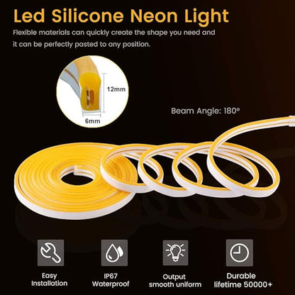 YM E-Bright Led Neon Strip Lights Without Power Supply, 12V Silicone Rope Indoor Outdoor 16.4Ft 600SMD Waterproof Flexible for Signboard Bar TV Kitchen Bedroom Home Party Decoration,Yellow/Amber