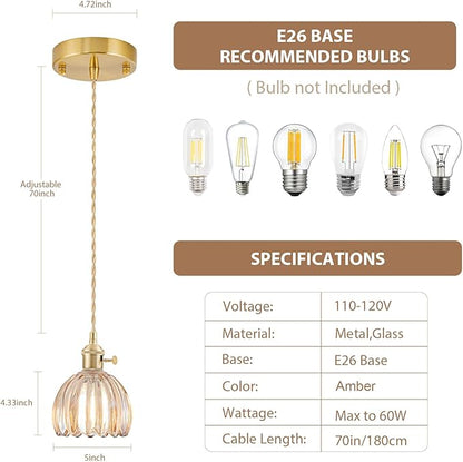 Mini Pendant Lights Kitchen Island, Small Adjustable Pendant Light Fixture with Amber Tulip Glass Lampshade, Vintage Gold Pendant Lighting, Pendant Light for Bedroom Dining Room Hallway