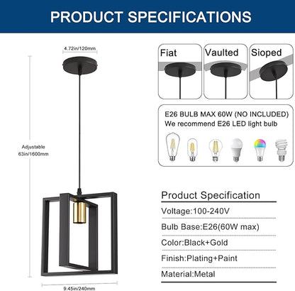 Black Pendant Lights for Kitchen Island Industrial Lantern Pendant Light Fixtures with Golden Lamp Cup, Farmhouse Adjustable Height Hanging Pendant Lighting