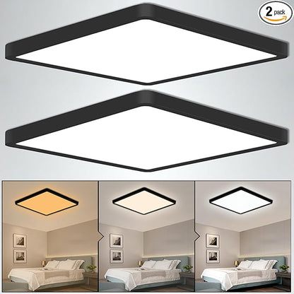 LED Ceiling Light 2 Pack, Color Temperature Switchable 36W Square Ceiling Mount Light Fixture (Black, 12 inches)