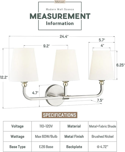 Bathroom Light Fixtures, Brushed Nickel Vanity Lights with Flared White Fabric Shade, 3 Light Wall Sconce, Modern Sconces Wall Lighting for Hallway Bedroom, VL837-BN-3