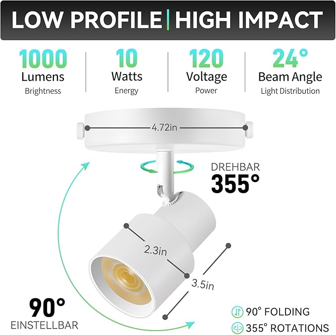 5-Color Ceiling Spotlight 10W LED Ceiling Spot Lights Indoor White Directional Adjustable Dimmable Flush Mount Spotlight Fixtures for Kitchen Living Room Hallway Gallery Art Light CRI90+ 24°