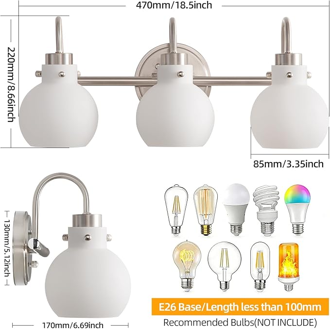 Bathroom Light Fixtures Brushed Nickel 3 Light Vanity Light Wall Sconces with Milk Globe Glass Shades Bath Wall Lamp over Mirror Farmhouse Wall Mount Lights for Kitchen Living Room Bedroom Hallway