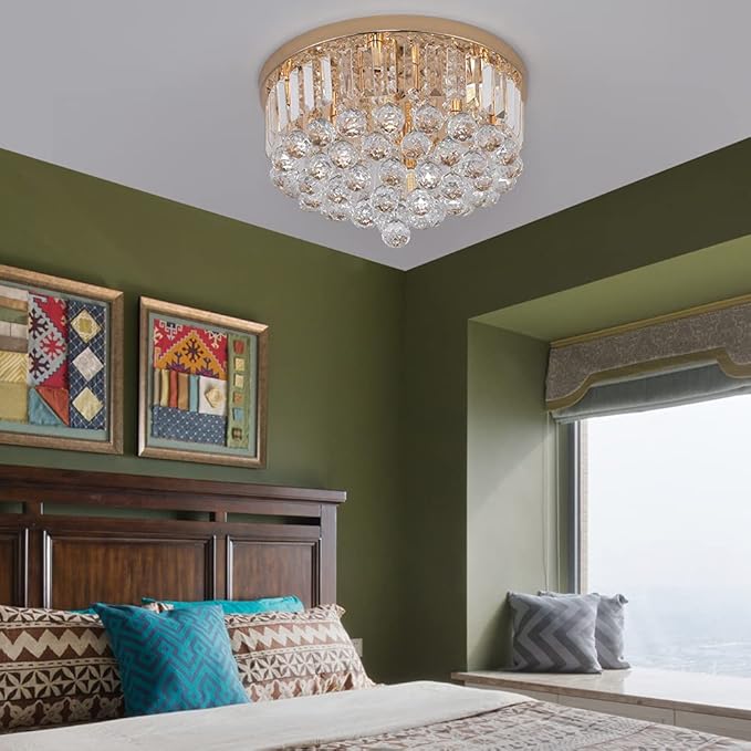 Mini Crystal Chandelier Ceiling Light,Flush Mount Modern Round K9 Crystal Raindrop Ceiling Lighting Fixture for Dining Room Bedroom Hallway Height 11''x Width 16''(French Gold)