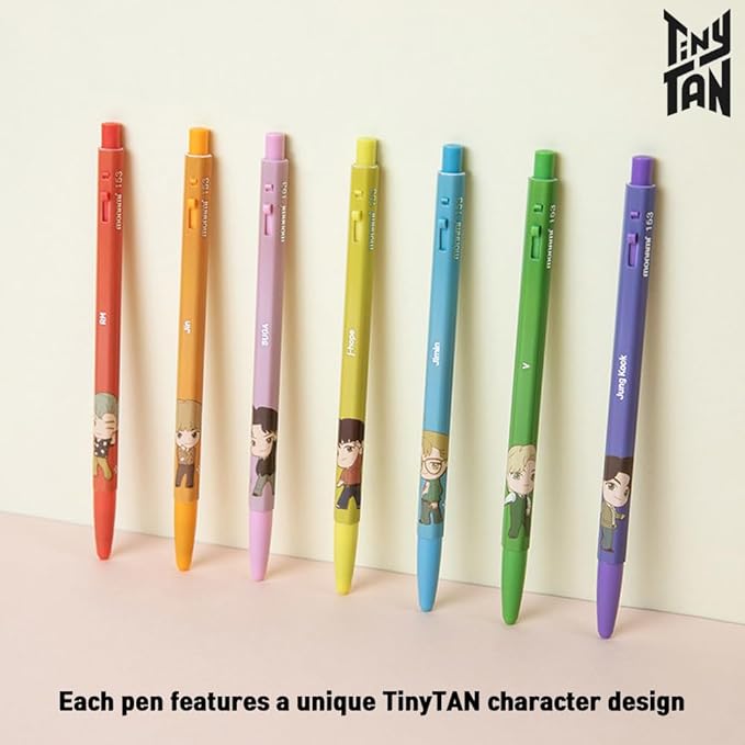 TinyTAN BTS Merchandise Official Licensed Kpop Merch Character Ballpoint Pen, 0.5mm, (1 Pack of 7 Pens) (Dynamite Ver.)