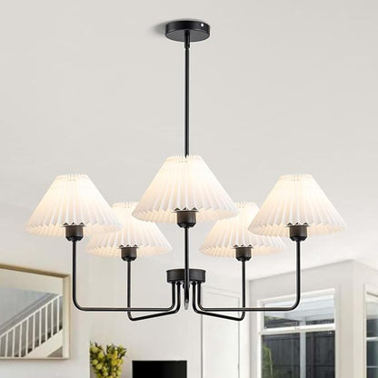 Farmhouse Chandelier, 5-Light Modern Chandelier with White Pleated Fabric Shades, Black Dining Room Light Fixture Chandelier for Dining Room Bedroom Hallway Kitchen Island, Height Adjustable