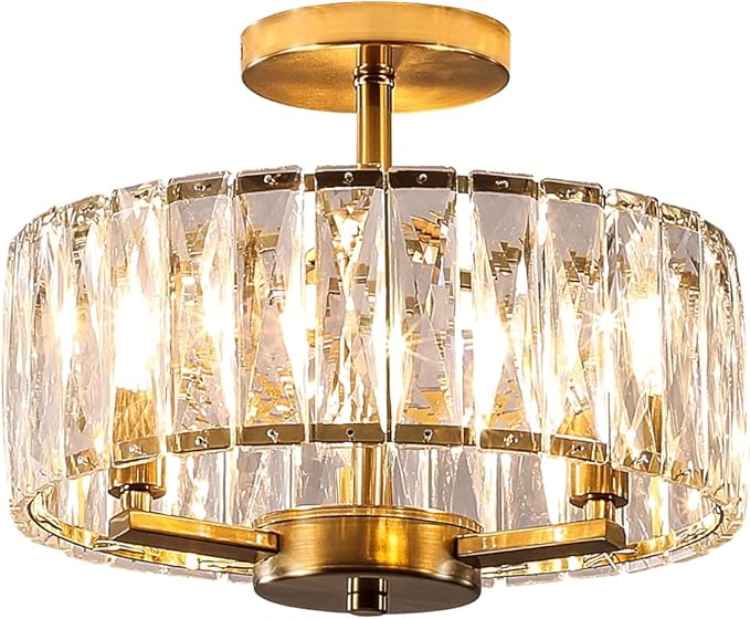 Gold Crystal Semi Flush Mount Chandeliers, 12.5” K9 Crystal Chandeliers 3-Light Ceiling Metal Pendant Fixture E12 Base for Living Room Bedroom Kitchen Island Hallway Dining Room …