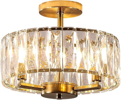 Gold Crystal Semi Flush Mount Chandeliers, 12.5” K9 Crystal Chandeliers 3-Light Ceiling Metal Pendant Fixture E12 Base for Living Room Bedroom Kitchen Island Hallway Dining Room …