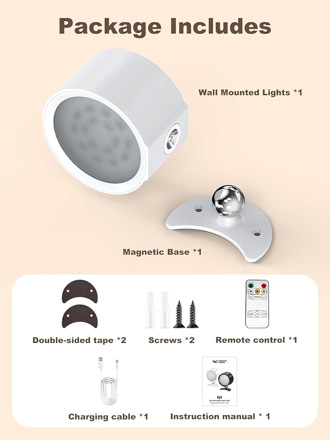Smiling Shark Wireless Wall Light, Rechargeable Wall Light LED 360° Rotate Magnetic 3 Color & 4 Brightness Stepless Dimming Adhesive Rechargeable Wall Sconce for Bedroom Bedside, White