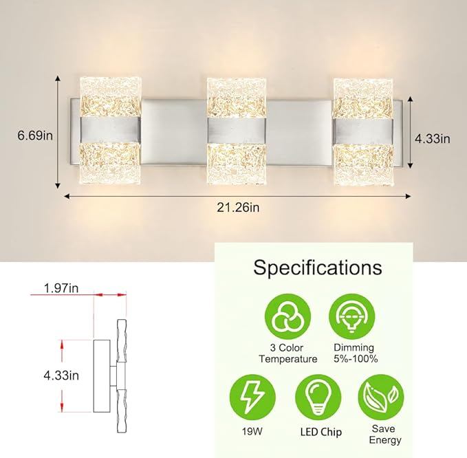 Bathroom Vanity Light Fixture, Modern Brushed Nickel LED Vanity Light, Dimmable 19W LED Wall Sconce Lighting for Bathroom, Bedroom, Perfect for Makeup & Shaving