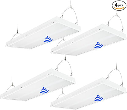 LED Linear High Bay Shop Lights with Motion Sensor, 150W LED Shop Light, 21000lm 140LM/W, 100-277V, 5000K Adjustable Tilt Hanging Commercial Linear High Bay Lights for Workshop Garage, 4-Pack
