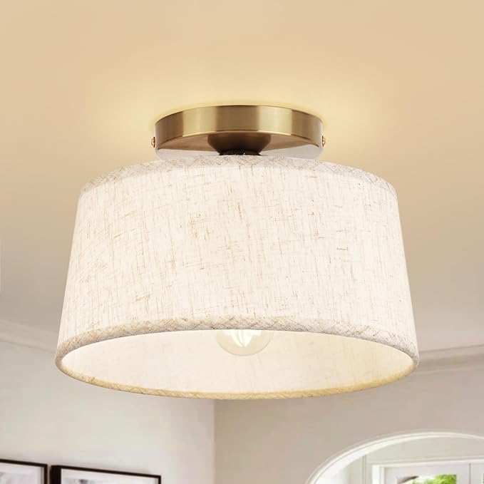 Modern Ceiling Light Fixture, 10 Inch Semi Flush Mount Lamp with Linen Shade, E26 Base, Gold for Kitchen Bedroom Hallway Closet Entryway Room Small Spaces