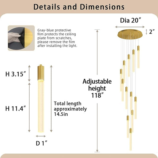 Luxury 12 Light Modern Crystal Pendant Light - 118" High Ceiling Gold LED Dimmable Pendant Light for Bedside Island Kitchen Living Room