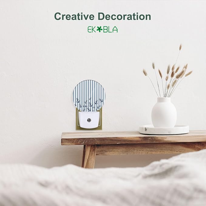 EKOBLA Watercolor Anchor Plug-in Night Light, Blue White Striped Nautical LED Nightlight with Dusk to Dawn Auto Sensor for Home Decor