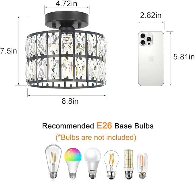 Lxybcce Crystal Ceiling Light Fixture, Modern Matte Black Crystal Chandelier, Small Semi Flush Mount Ceiling Lighting, Round Hallway Lighting for Kitchen Entryway Bedroom Bathroom, 1-Light, 9 Inch