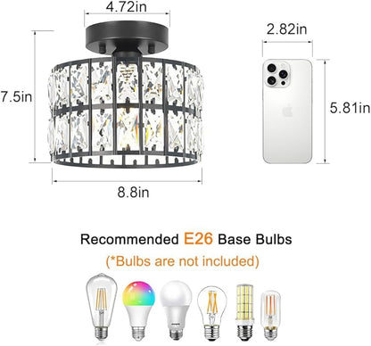 Lxybcce Crystal Ceiling Light Fixture, Modern Matte Black Crystal Chandelier, Small Semi Flush Mount Ceiling Lighting, Round Hallway Lighting for Kitchen Entryway Bedroom Bathroom, 1-Light, 9 Inch