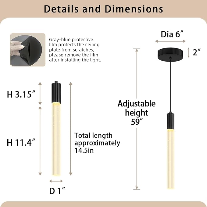 Modern Black Crystal Column Pendant Light Kitchen Island Dimmable LED Lighting Adjustable Hanging Pendant Lighting