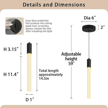Modern Black Crystal Column Pendant Light Kitchen Island Dimmable LED Lighting Adjustable Hanging Pendant Lighting