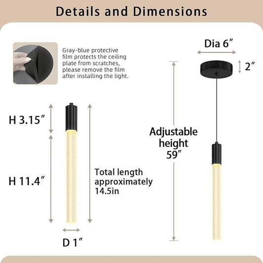 Modern Black Crystal Column Pendant Light Kitchen Island Dimmable LED Lighting Adjustable Hanging Pendant Lighting