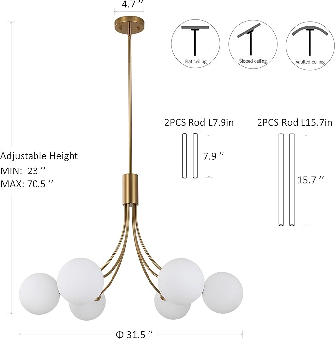 CNRATYE 6-Light Modern Farmhouse Gold Chandeliers for Dining Room Light Fixture, Mid Century Hanging Sputnik Chandelier for Living Room Kitchen Island Bedroom Foyer, Milk White Globe Glass Shade